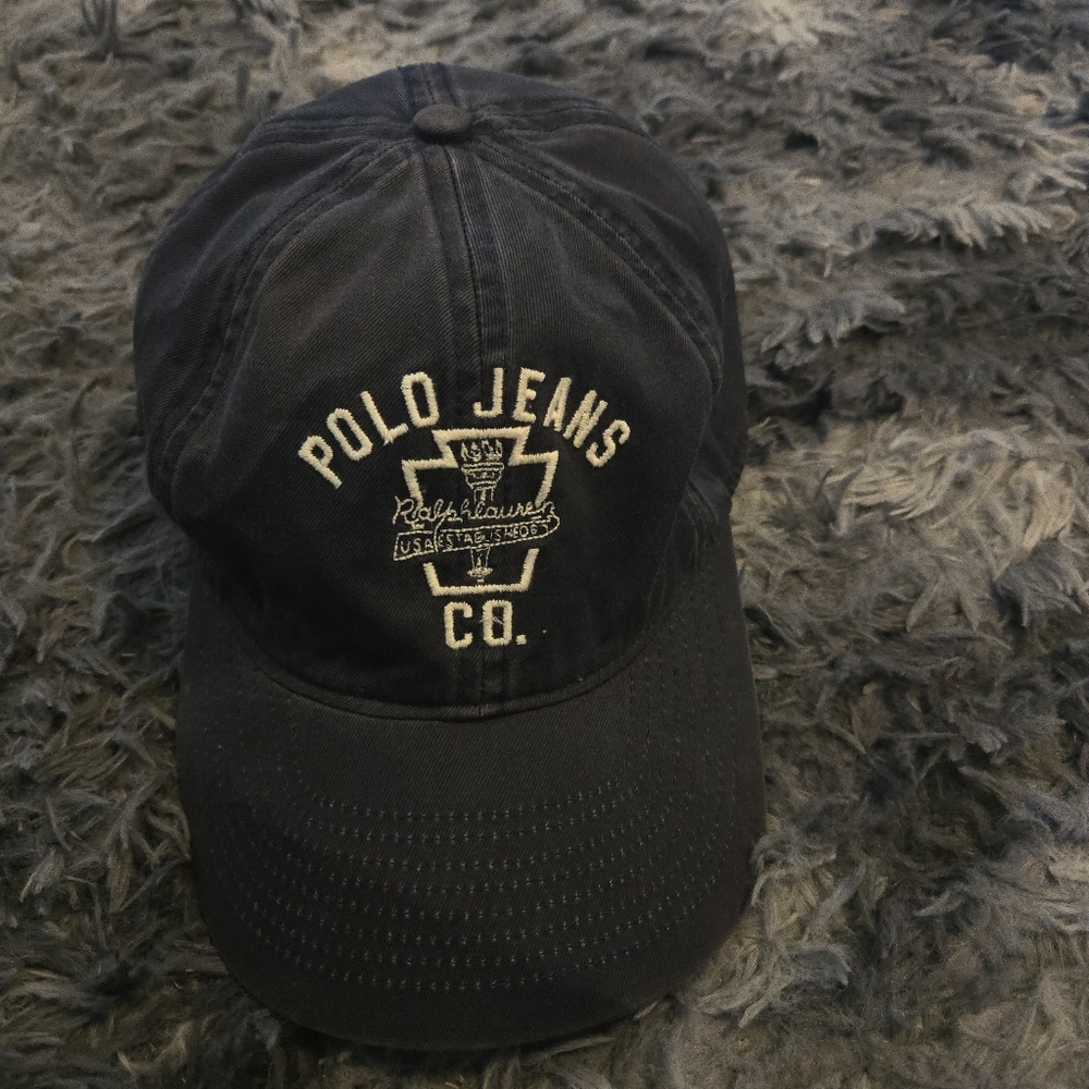 Vintage 90s Polo Jeans Co Ralph Lauren Hat Navy Blue Crest Logo Strapback Cap
